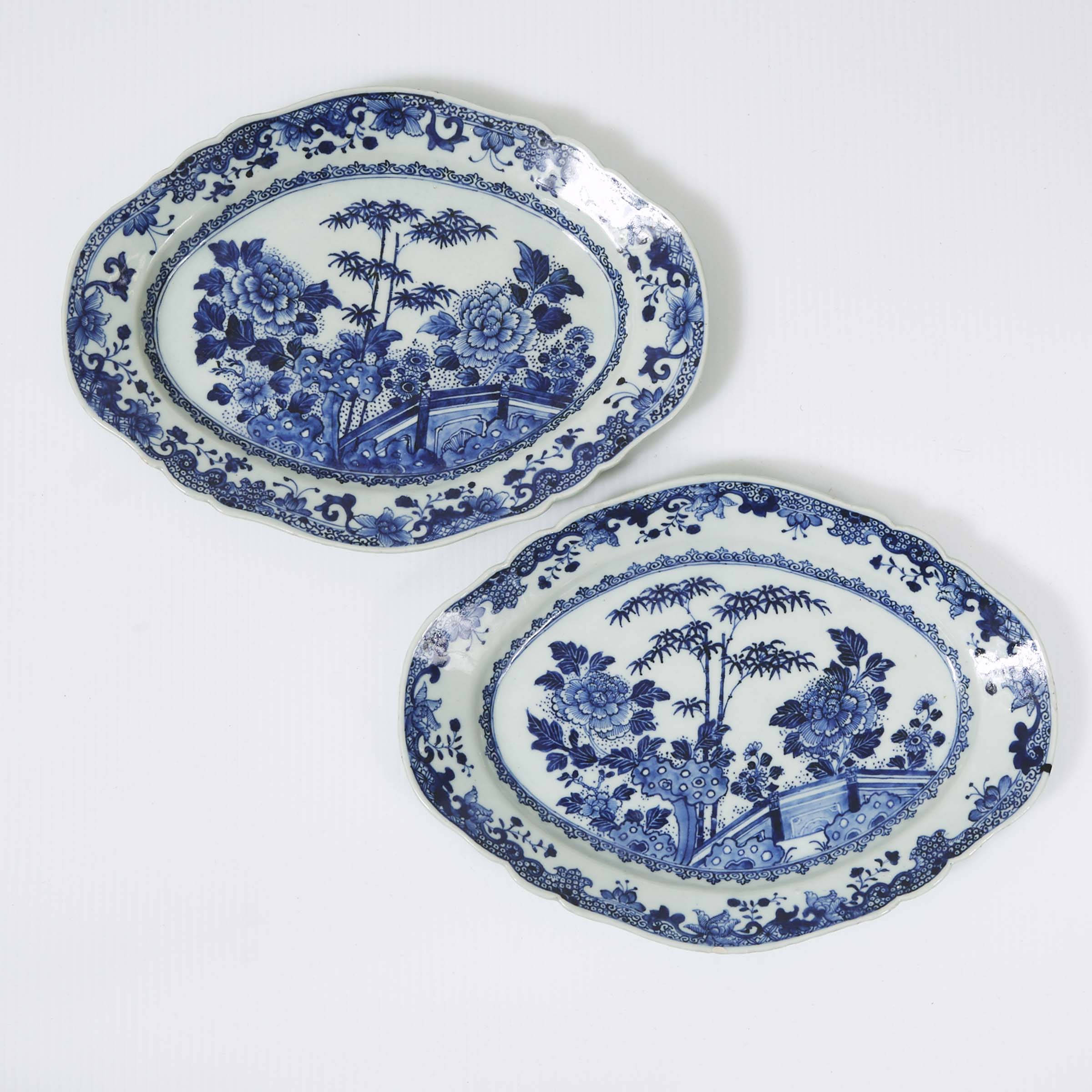 A Pair of Blue and White 'Bamboo and Peony' Lobed Platters, Qianlong Period, 18th Century