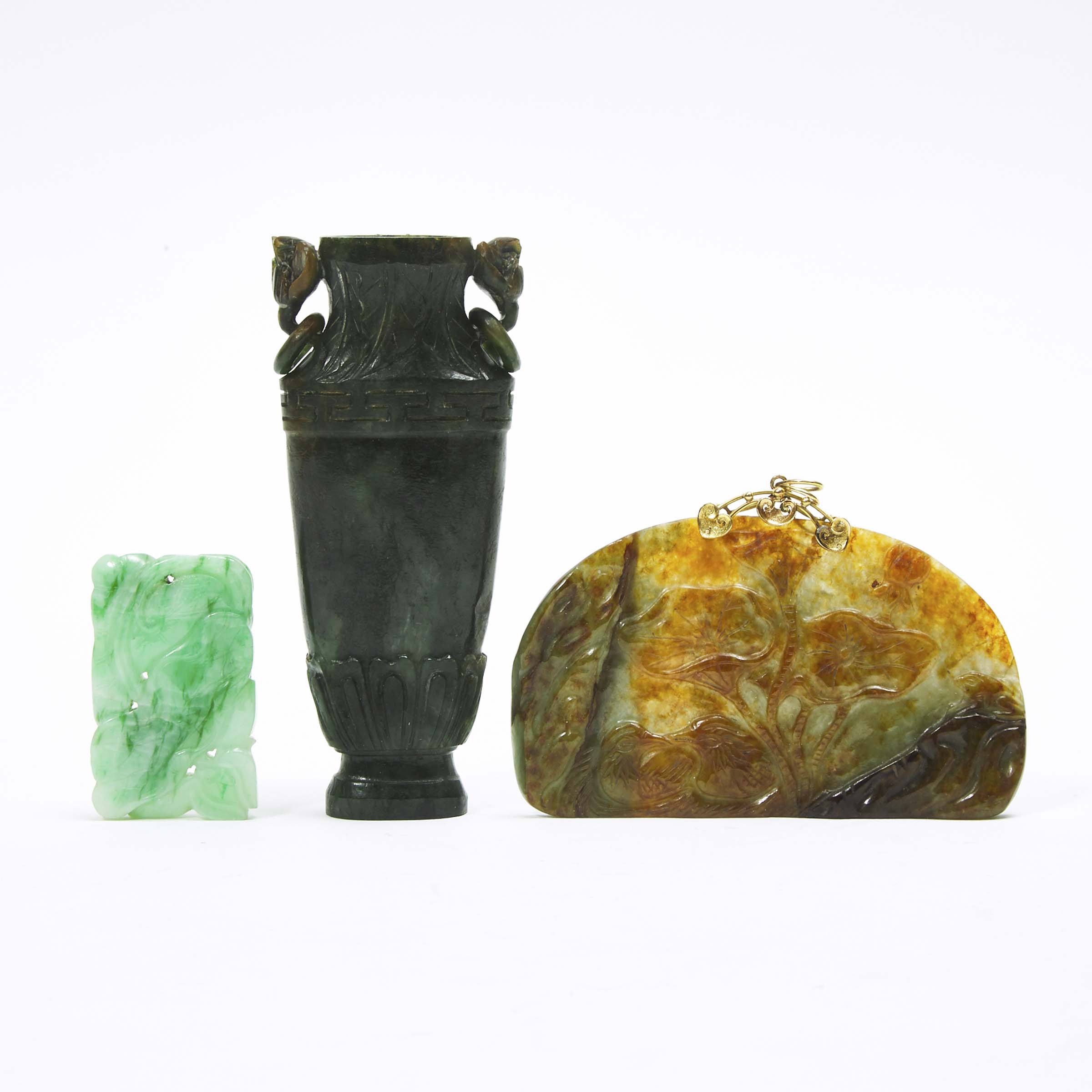 Two Jadeite Plaques, together with a Miniature Spinach Jade Vase