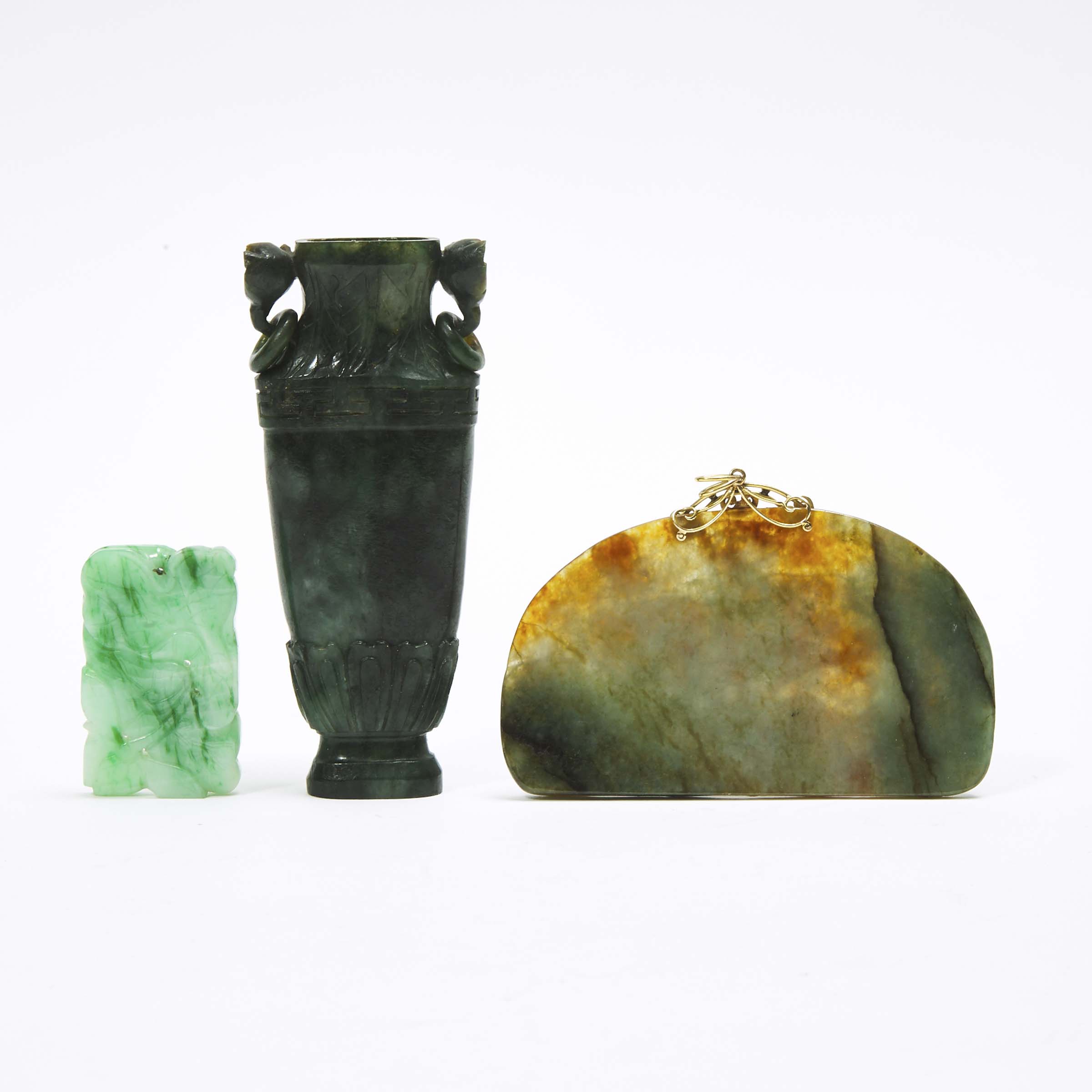 Two Jadeite Plaques, together with a Miniature Spinach Jade Vase