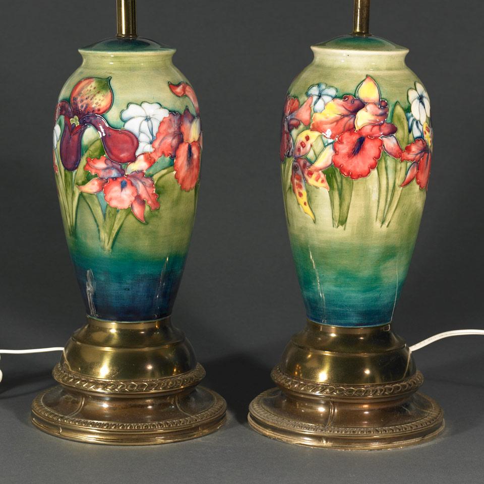 Pair of Moorcroft Orchids Table Lamps, c.1960