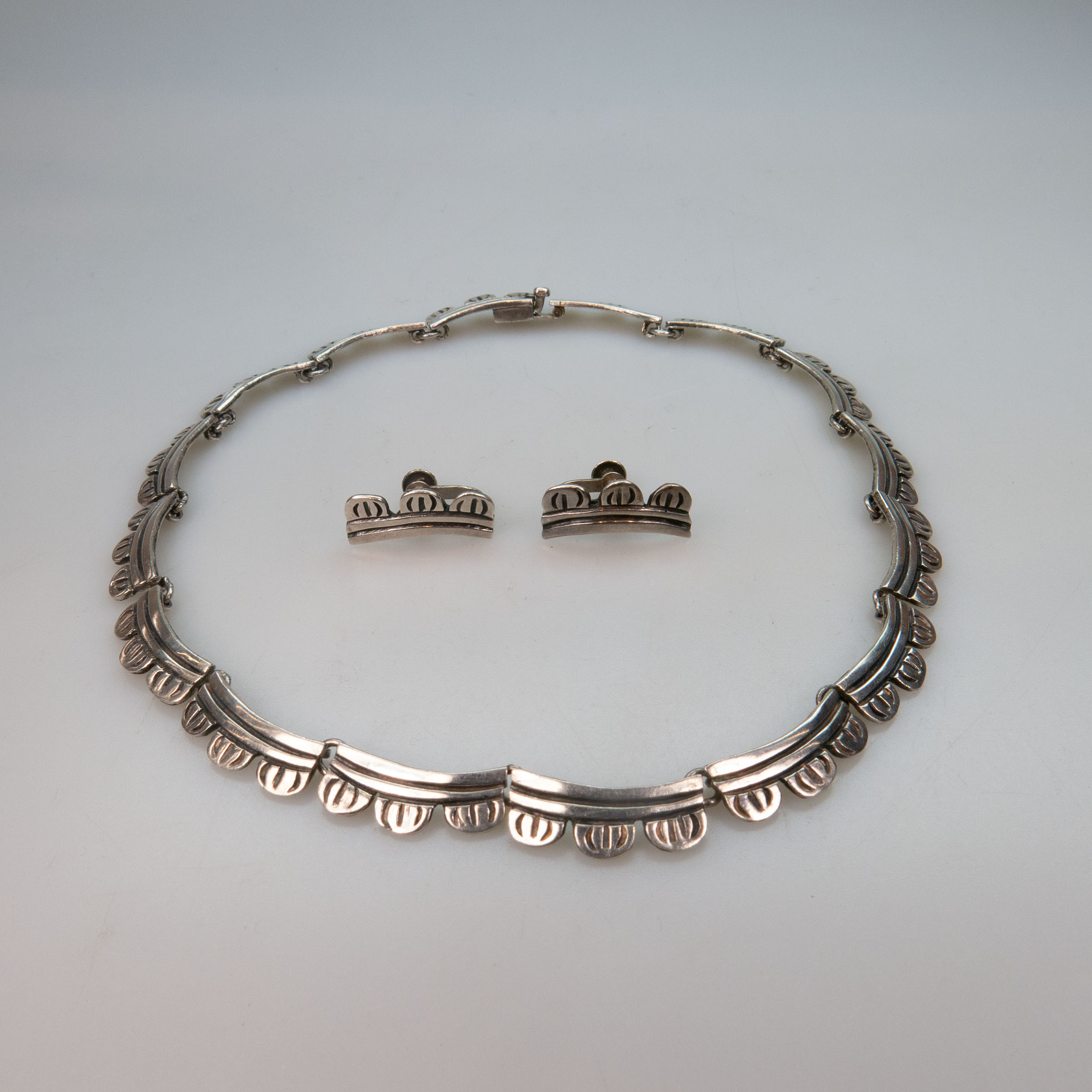 Mexican Sterling Silver Necklace And Screw-Back Earrings