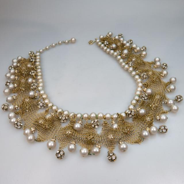 Vendome Gold-Tone Metal Mesh And Faux Pearl Fringe Necklace