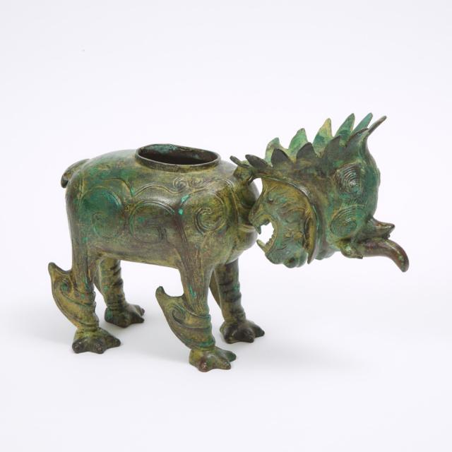A Chinese Bronze Beast Mounted Lamp