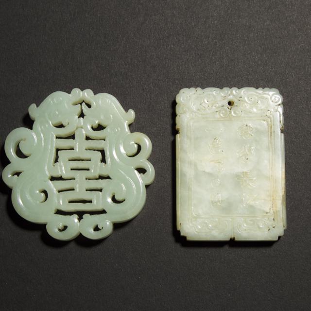 A White Jade Carved 'Happiness' Plaque, together with a Mottled White Jade 'Landscape and Poem' Plaque, Late Qing Dynasty