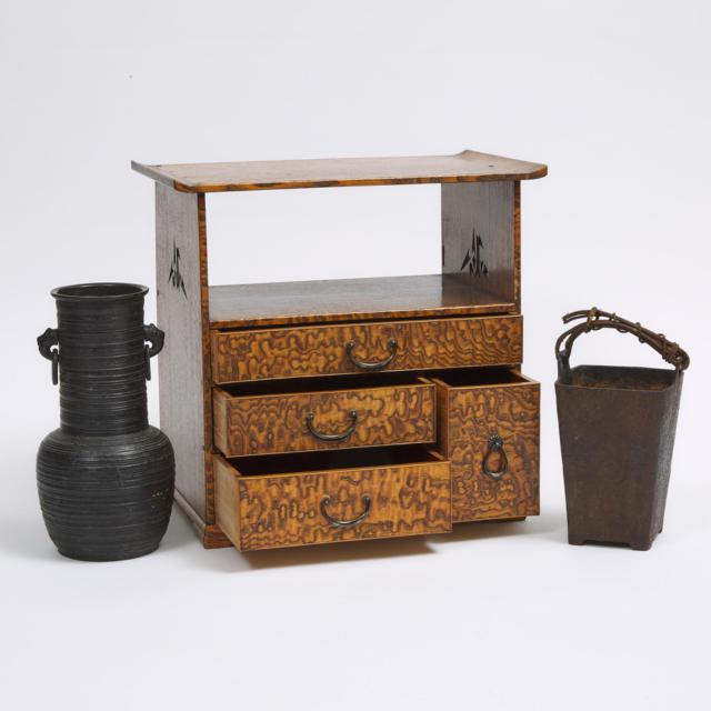 A Japanese Small Tea Tansu, together with Two Bronze Vessels, Early to Mid 20th Century