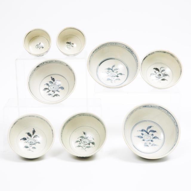 A Group of Eight 'Hoi An Hoard' Vietnamese Blue and White Bowls and Cups, 15th Century