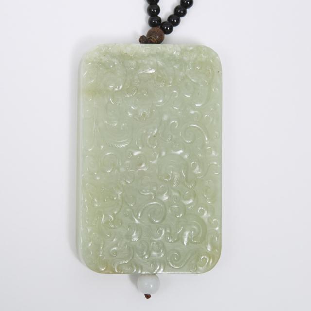 A Carved Pale Celadon Jade Rectangular Plaque, together with a Guanyin Group