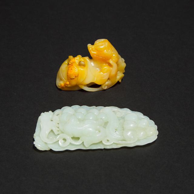 A Carved White Jade 'Squirrel and Grape' Pendant, together with a White and Russet Jade Mythical Beast