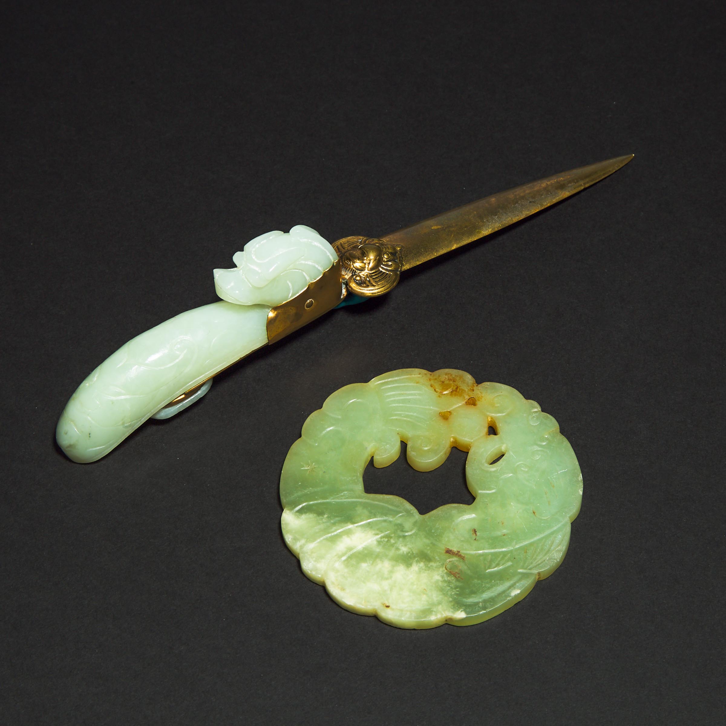 A Pale Celadon Jade Mounted Letter Opener, together with a Stylized Celadon Jade Bi Disc