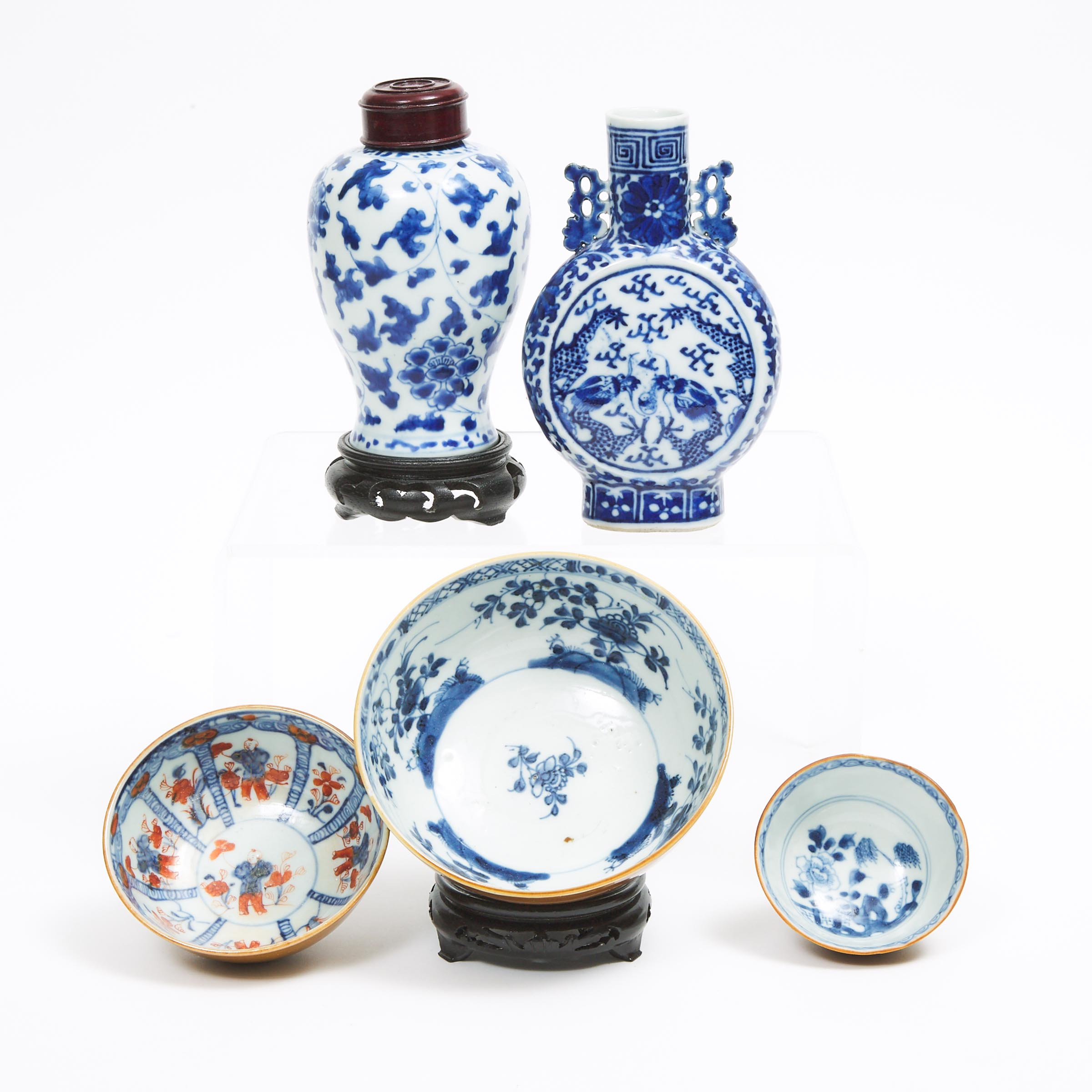 A Group of Five Blue and White Porcelain Wares, 18th Century and Later