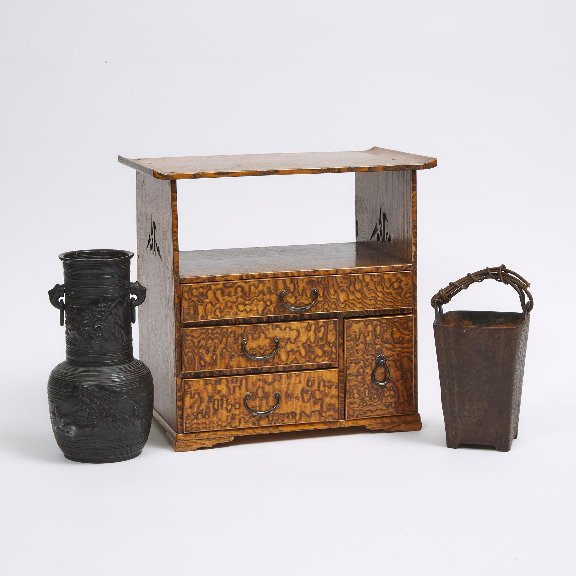 A Japanese Small Tea Tansu, together with Two Bronze Vessels, Early to Mid 20th Century