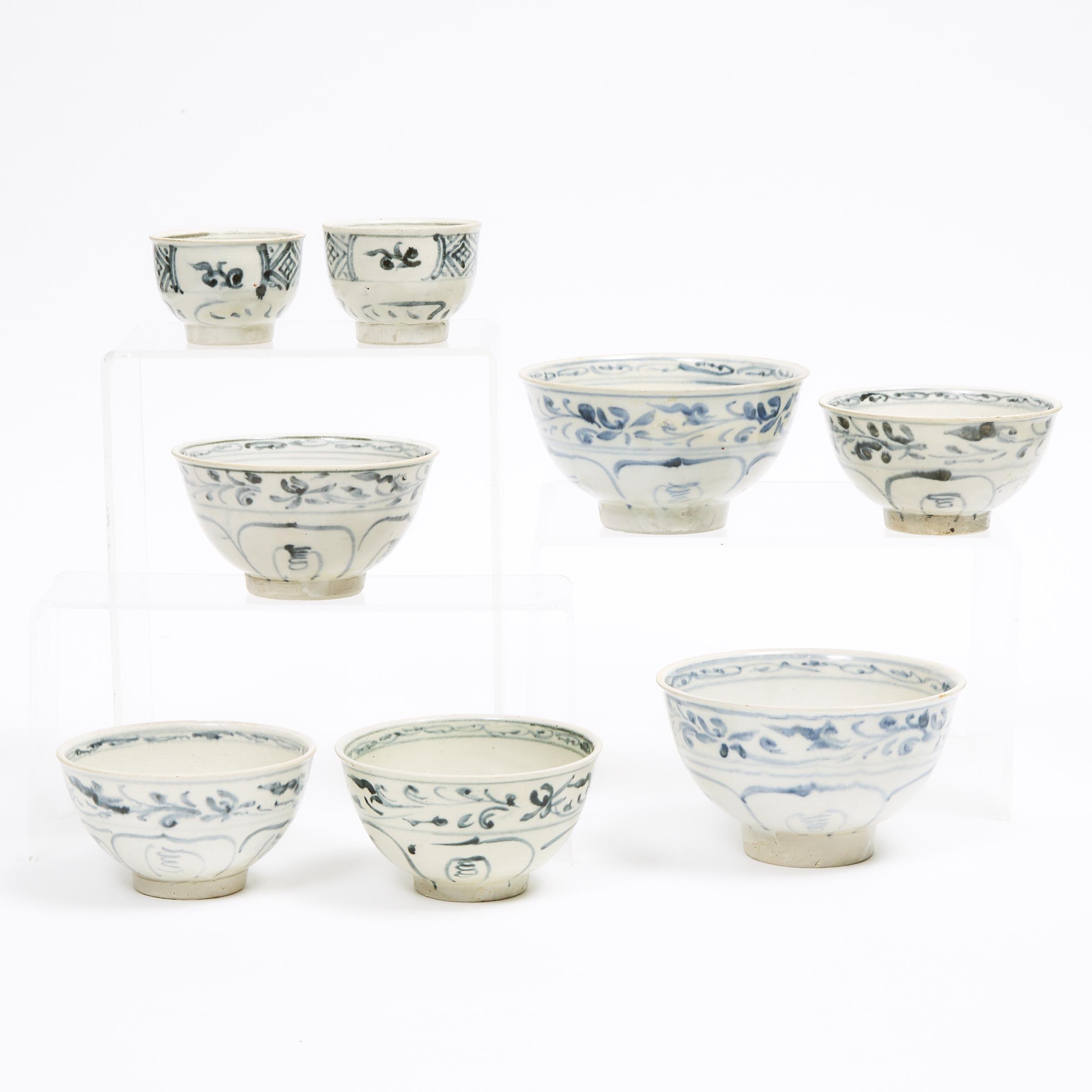 A Group of Eight 'Hoi An Hoard' Vietnamese Blue and White Bowls and Cups, 15th Century