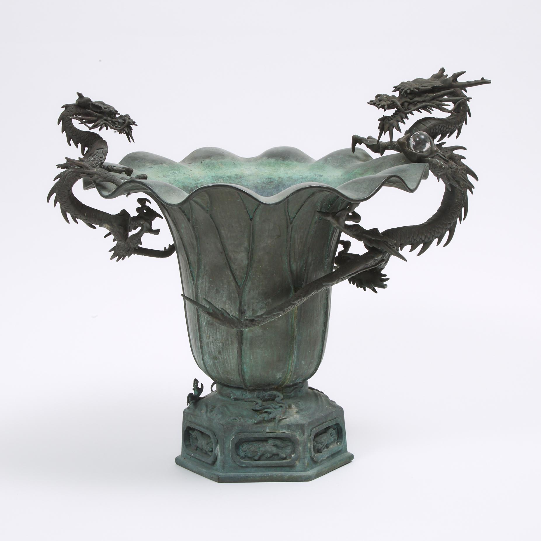 A Large Japanese Bronze Vase with Silvered Dragon Handles, Possibly Meiji Period