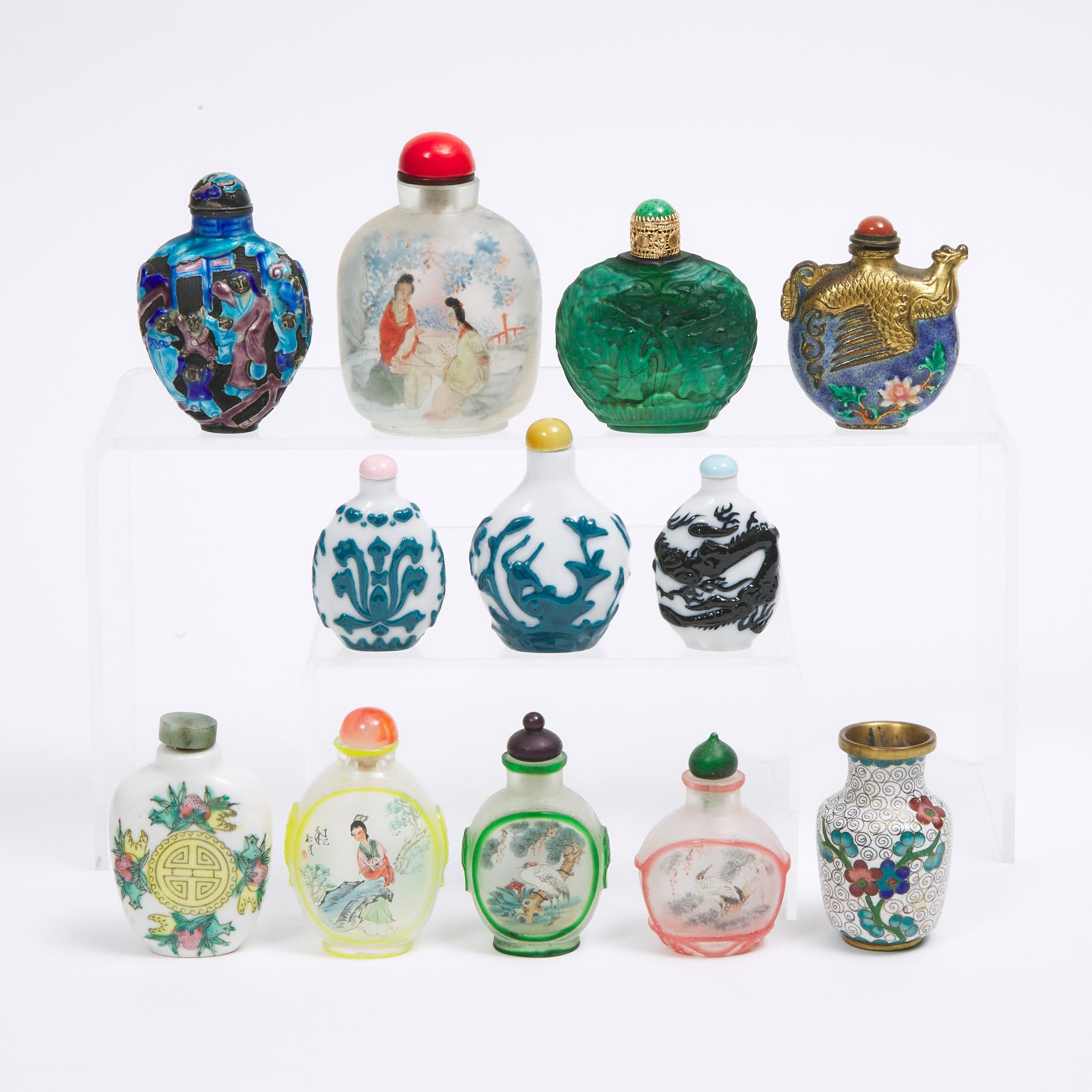 A Group of Eleven Snuff Bottles, together with a Miniature Cloisonné Vase