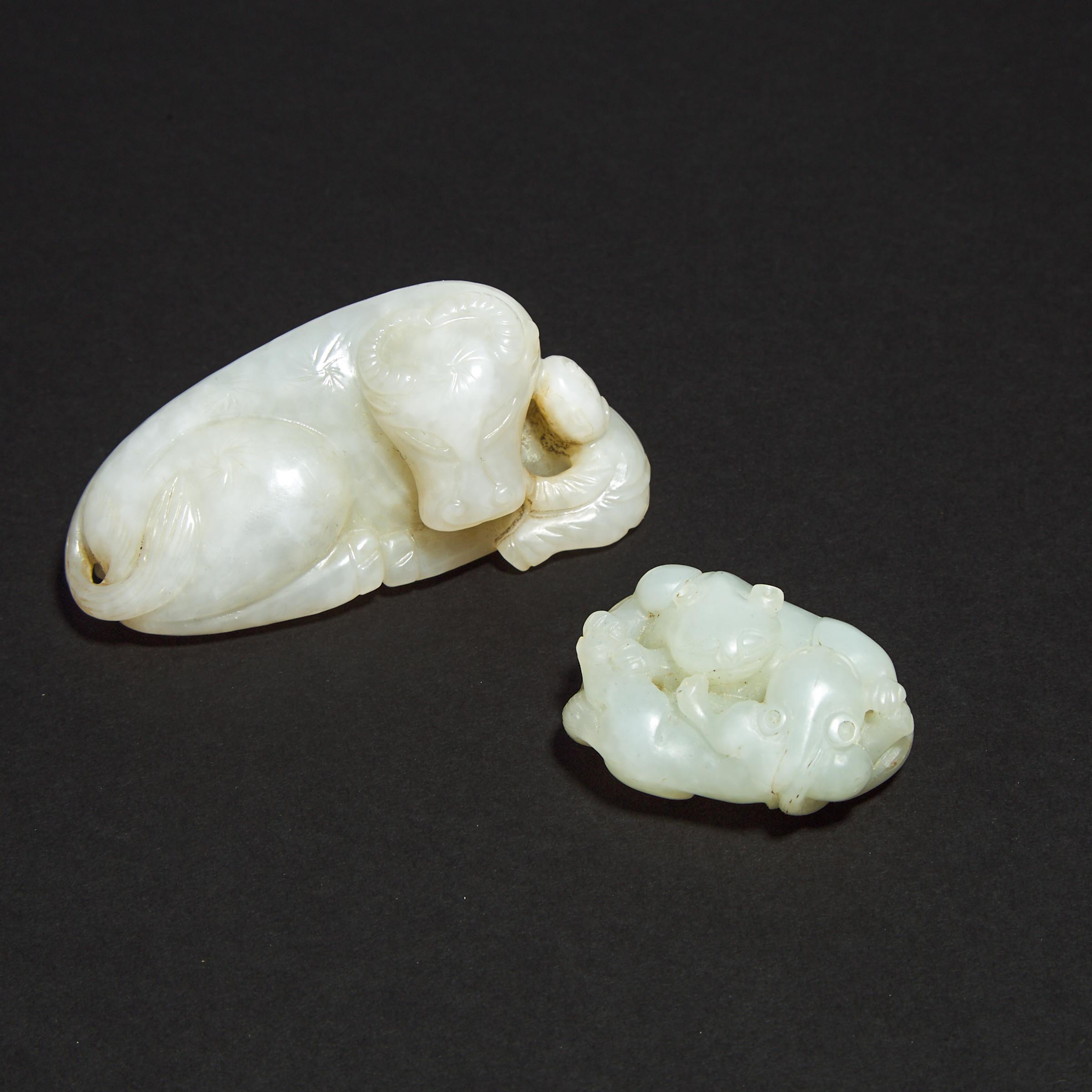 A White Jade 'Buffalo and Boy' Group, together with a White Jade 'Double-Cat' Pendant