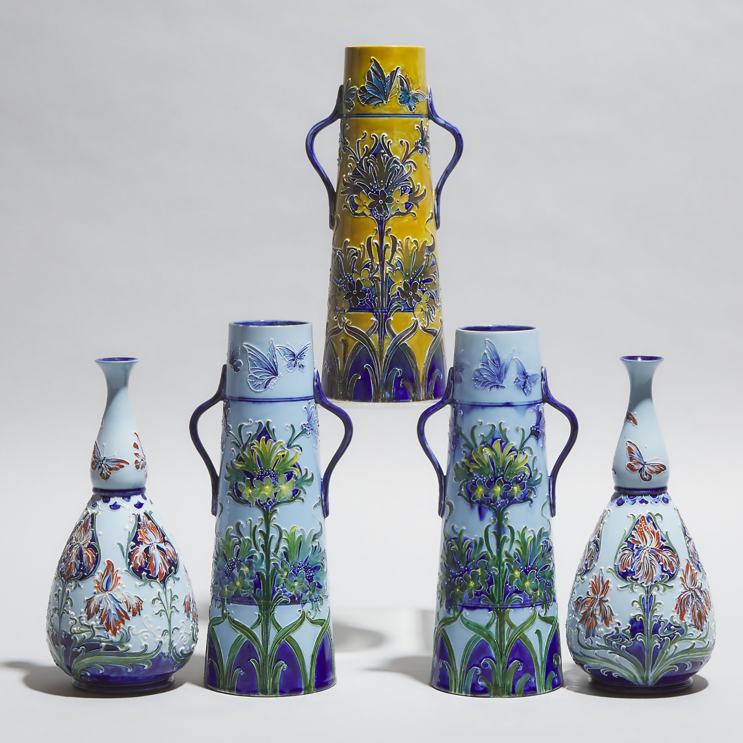 Five Macintyre Moorcroft Florian Ware Butterfly Vases, c.1900