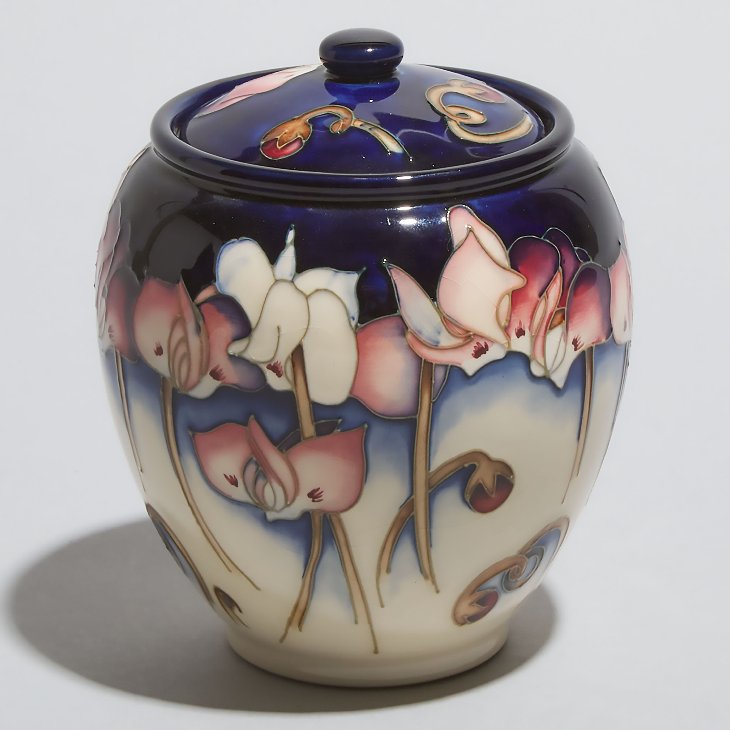 Moorcroft Wild Cyclamen Covered Jar, Emma Bossons, c.2001