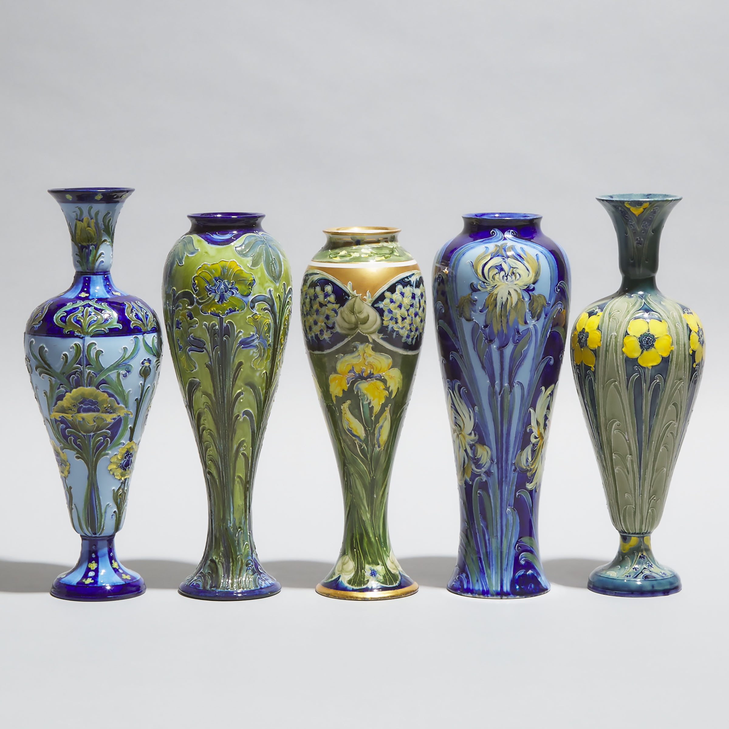 Five Macintyre Moorcroft Florian Vases, c.1900-05