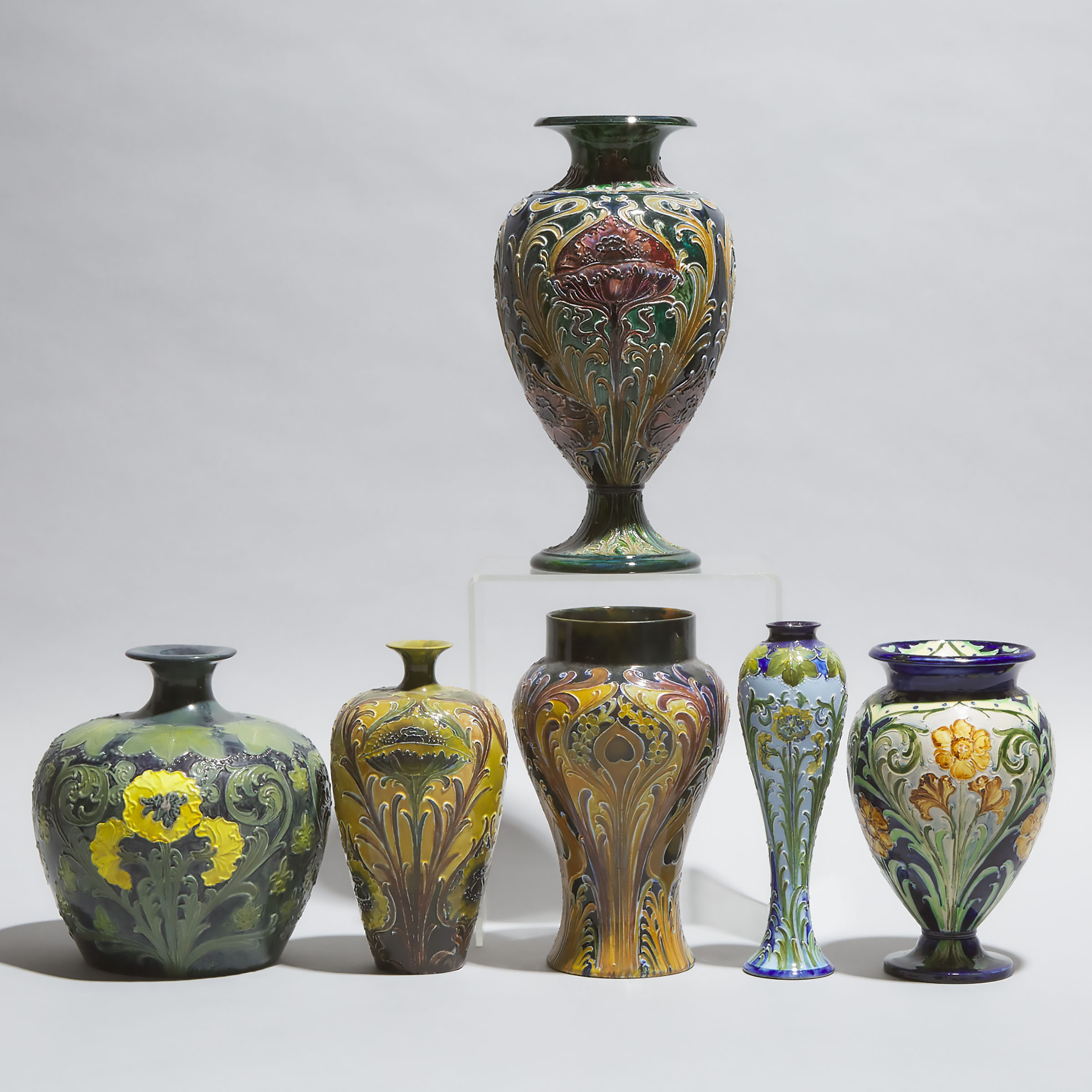 Six Macintyre Moorcroft Florian Ware Vases, c.1900