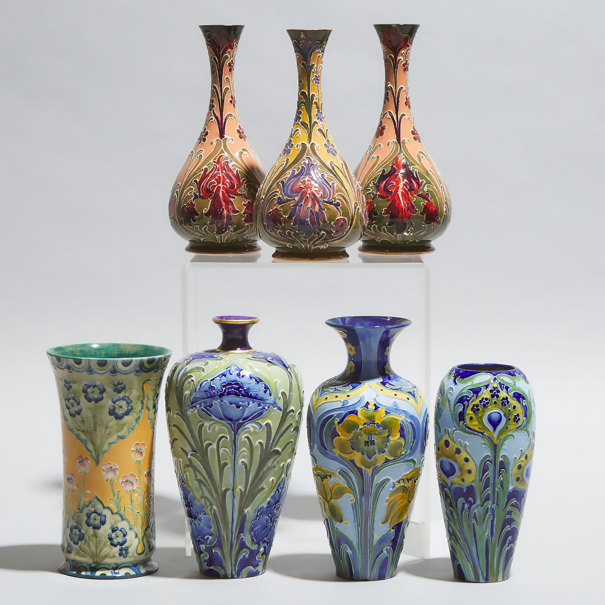 Seven Macintyre Moorcroft Florian Vases, c.1900-10