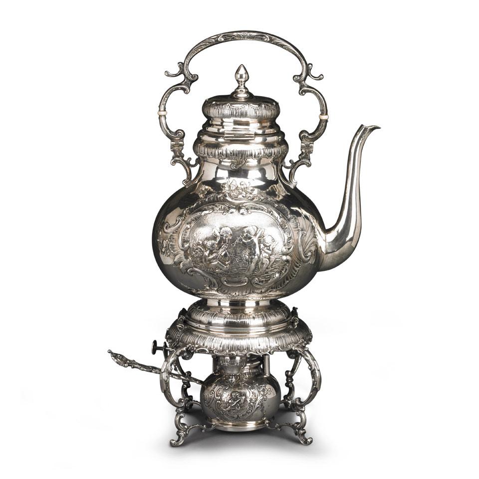 German Silver Tea Kettle on Lampstand, late 19th century