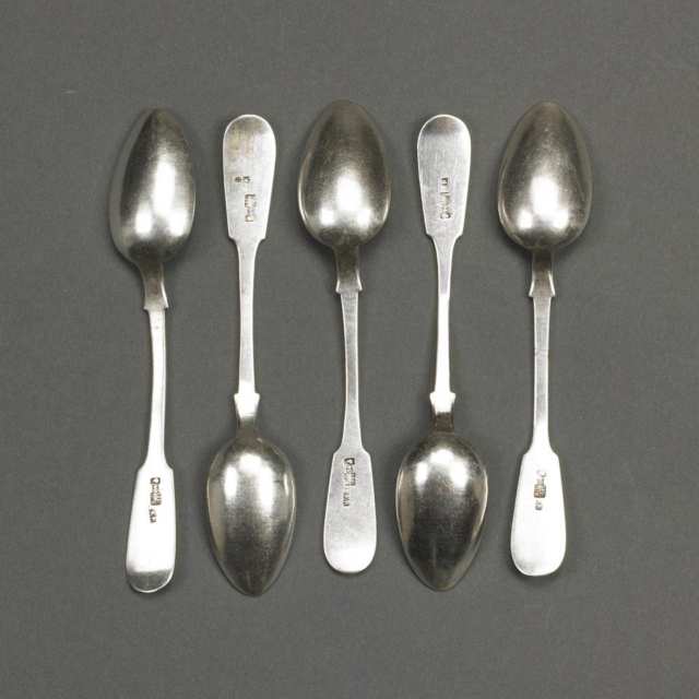 Five Russian Silver Fiddle Pattern Tea Spoons, Moscow, 1885