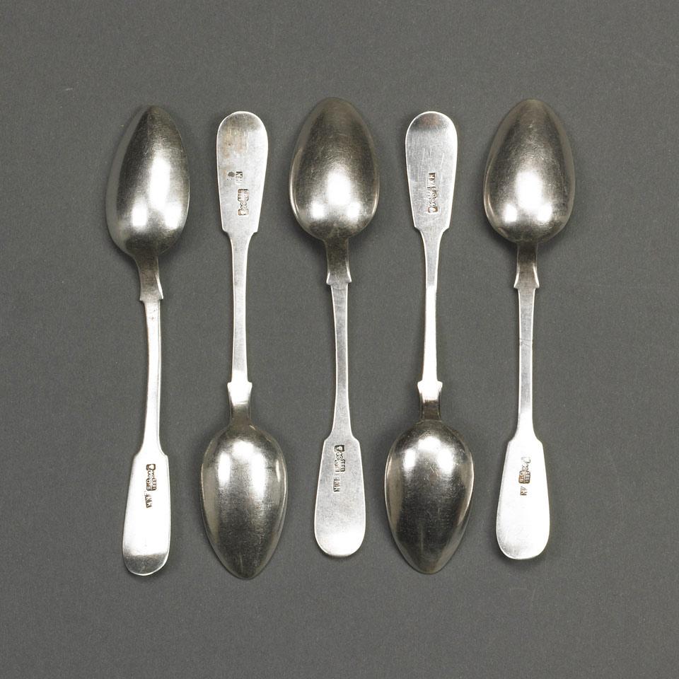 Five Russian Silver Fiddle Pattern Tea Spoons, Moscow, 1885