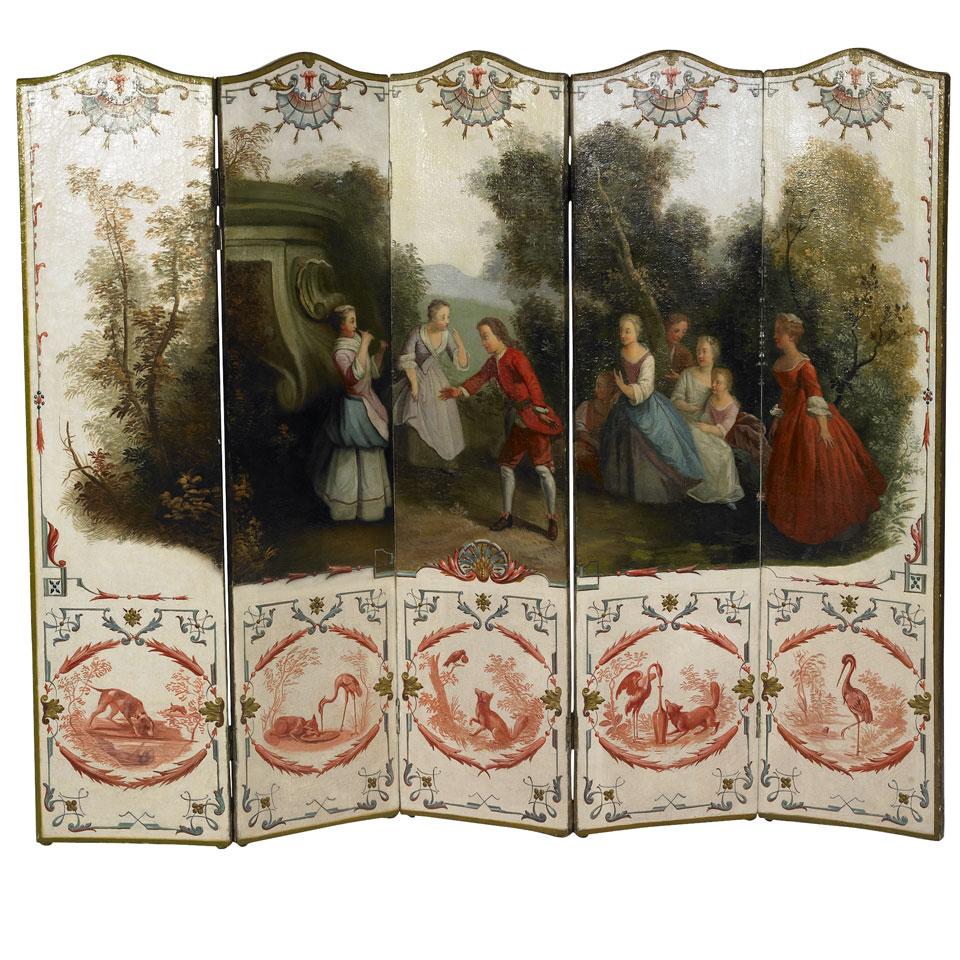 French Five Fold Painted Leather Screen, 19th century