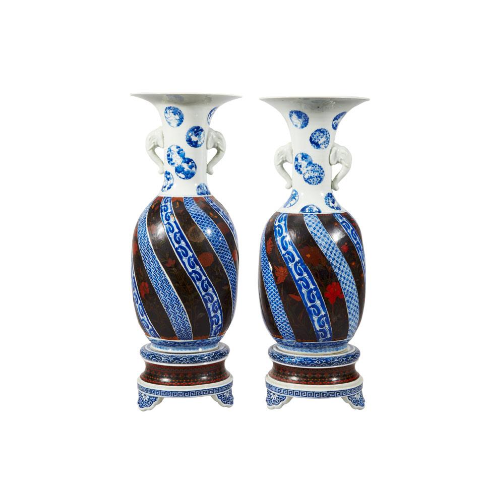 Pair of Japanese Totai Enamel Porcelain Vases on Stands, early 20th century