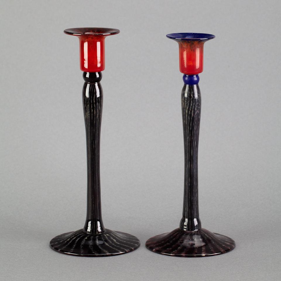 Two Schneider Glass Candlesticks, c.1925