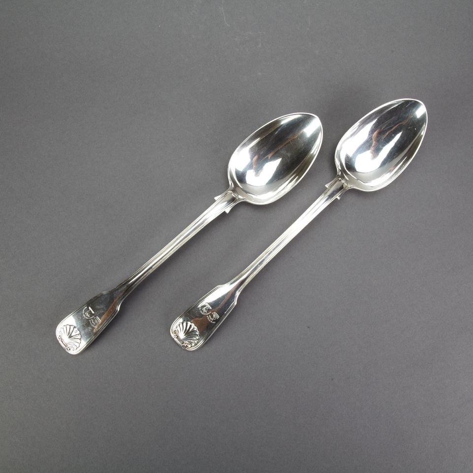 Pair of Victorian Silver Fiddle, Thread and Shell Pattern Serving Spoons, Charles Boyton (II), London, 1865