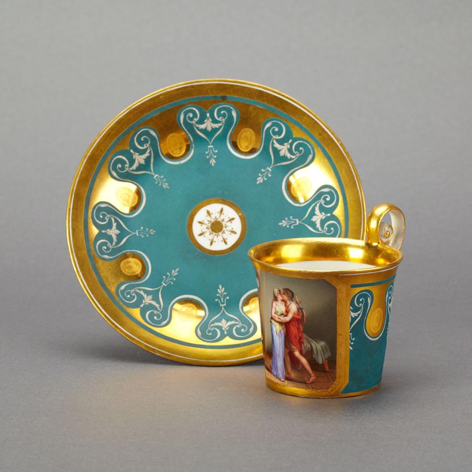 Vienna Matt Green and Gilt Ground Cup and Saucer, ‘Le Racommodement’, c.1809