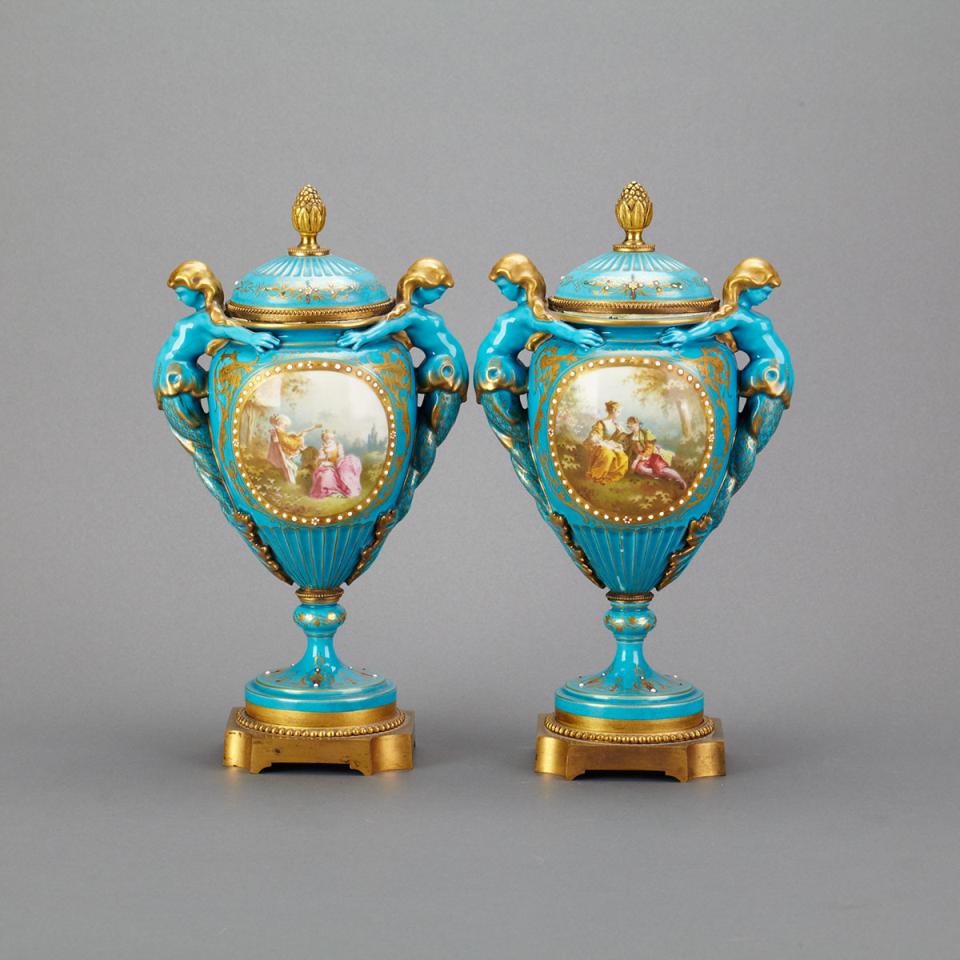 Pair of Ormolu Mounted ‘Sèvres’ ‘Jeweled’ Vases with Covers, late 19th century