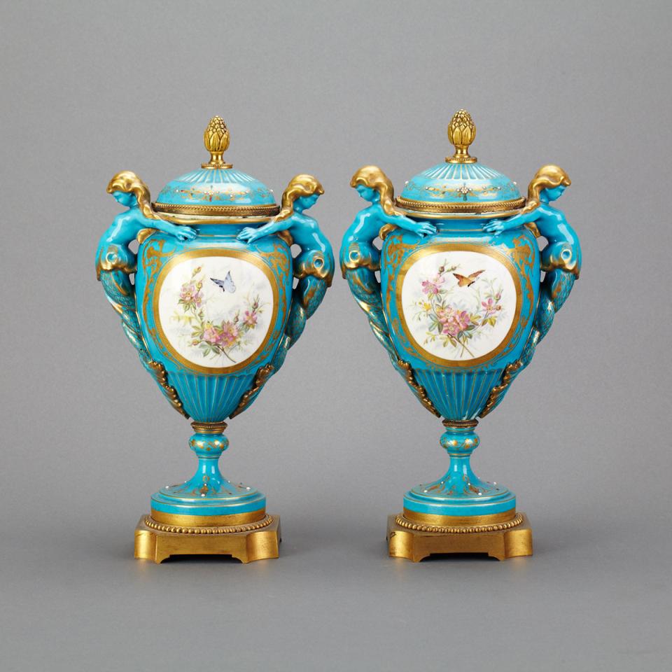 Pair of Ormolu Mounted ‘Sèvres’ ‘Jeweled’ Vases with Covers, late 19th century