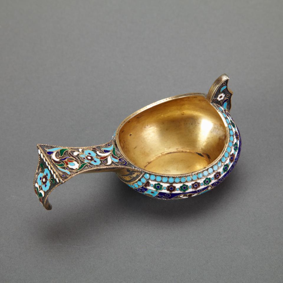 Russian Silver-Gilt and Cloisonné Enamel Small Kovsh, Mikhail Zorin, Moscow, 1908-17