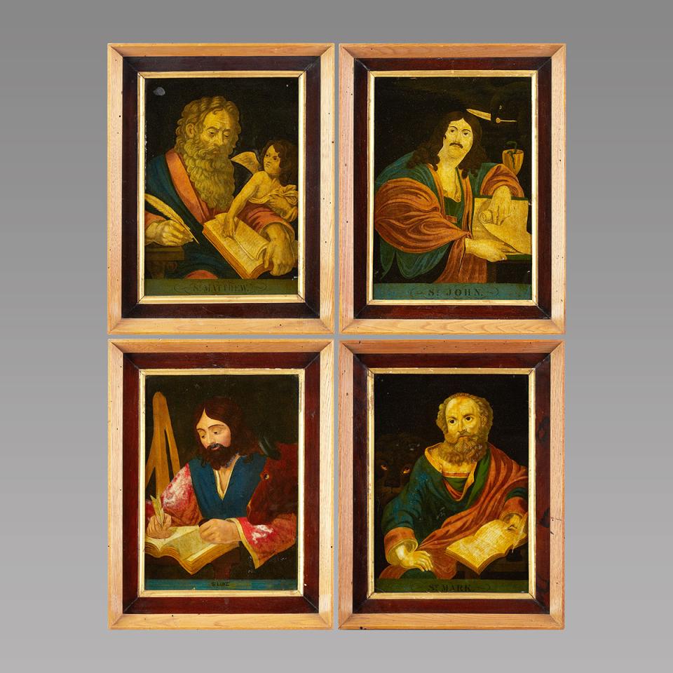 Set of Four Chinese Export Reverse Paintings on Glass of Saints, mid 19th century