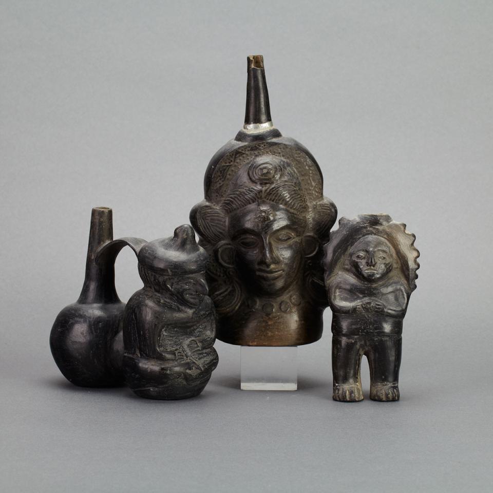 Group of Three Pre-Columbian Moche Black Pottery Figural Vessels, Peru
