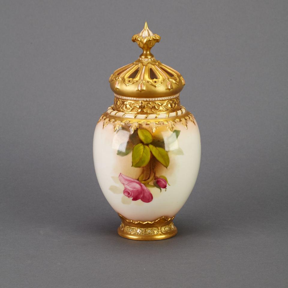 Royal Worcester Hadley Roses Potpourri Vase and Cover, Walter Harold Austin, signed, 1919