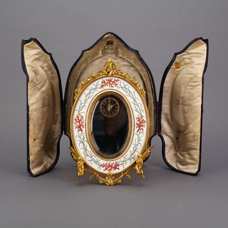 French Porcelain Mounted Gilt Bronze Mirrored Strut Clock, Howell, James & Co., London, c.1860