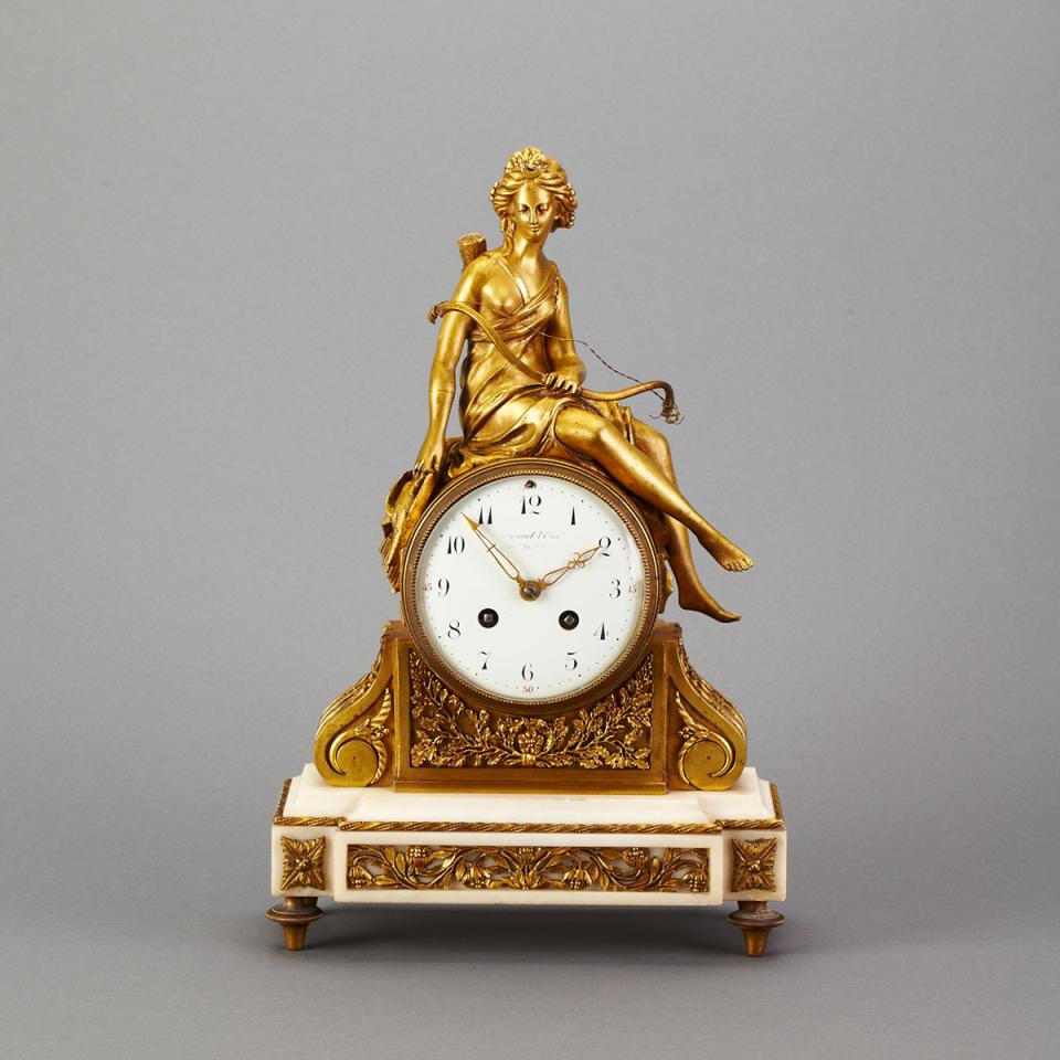 Louis XVI Style Gilt Bronze and Marble Figural Mantle Clock, first half, 19th century