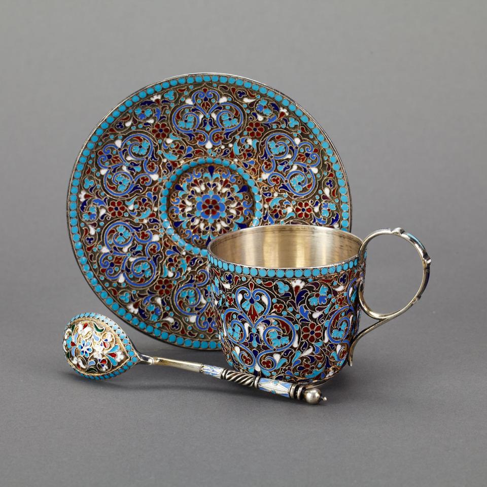 Russian Silver and Cloisonné Enamel Cup and Saucer with Spoon, Gustav Klingert, Moscow, c.1890