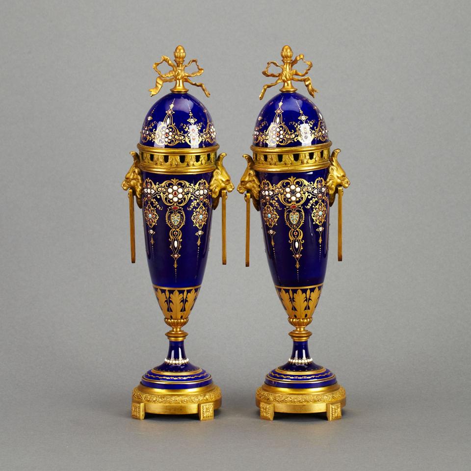 Pair of French Ormolu Mounted ‘Jewelled’ Porcelain Mantel Vases and Covers, late 19th century