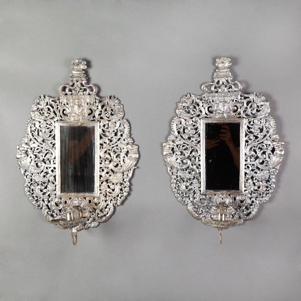 Pair of Continental Silvered Copper Mirrored Wall Sconces, 19th century