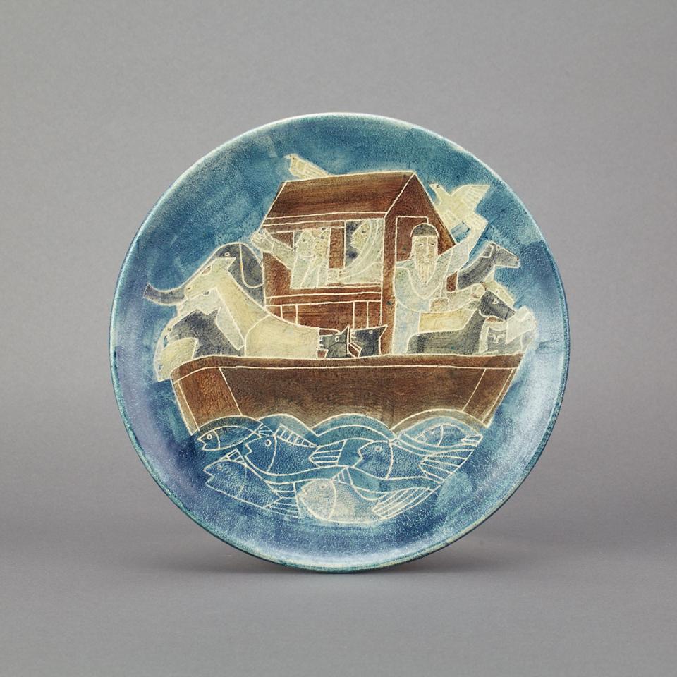 Brooklin Pottery Circular Plaque, ‘Noah’s Ark’, Theo and Susan Harlander, mid-20th century