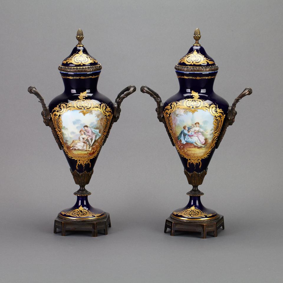Pair of Parcel-Gilt Bronze Mounted ‘Sèvres’ Vases and Covers, c.1900
