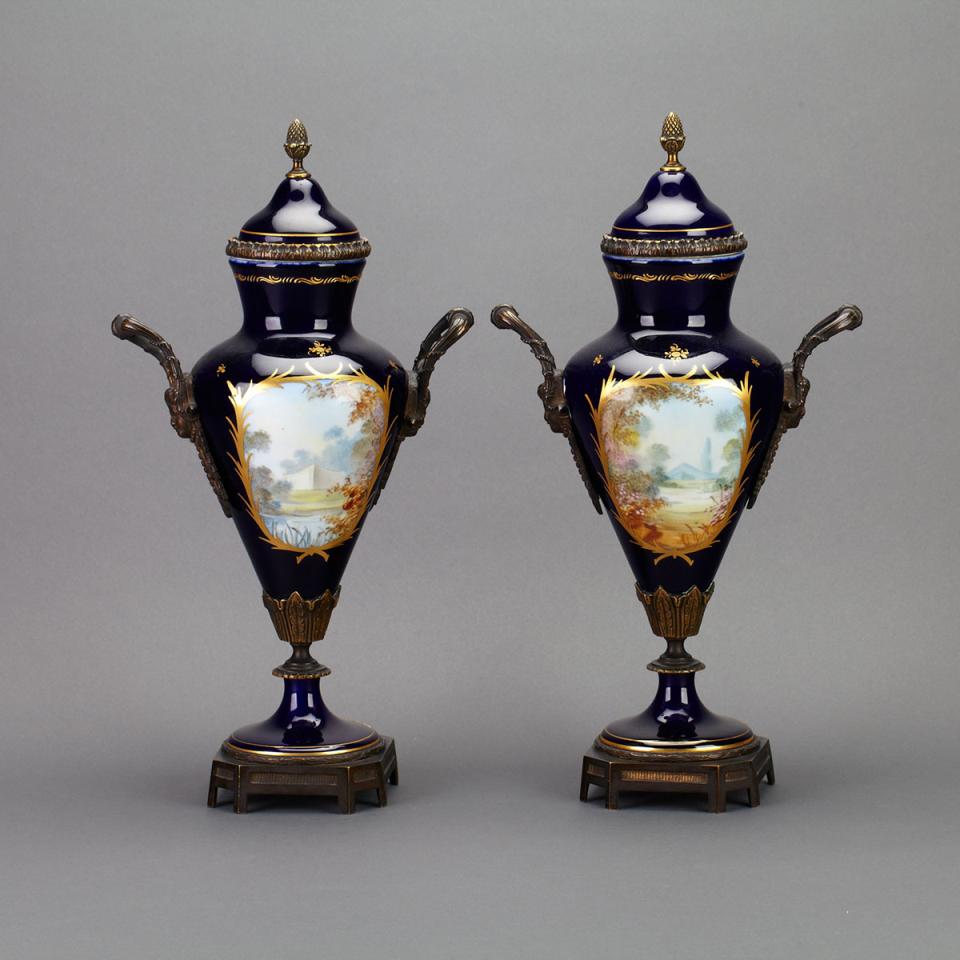 Pair of Parcel-Gilt Bronze Mounted ‘Sèvres’ Vases and Covers, c.1900