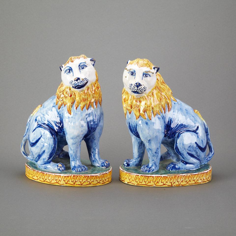 Pair of Delft Models of Seated Lions, late 19th century