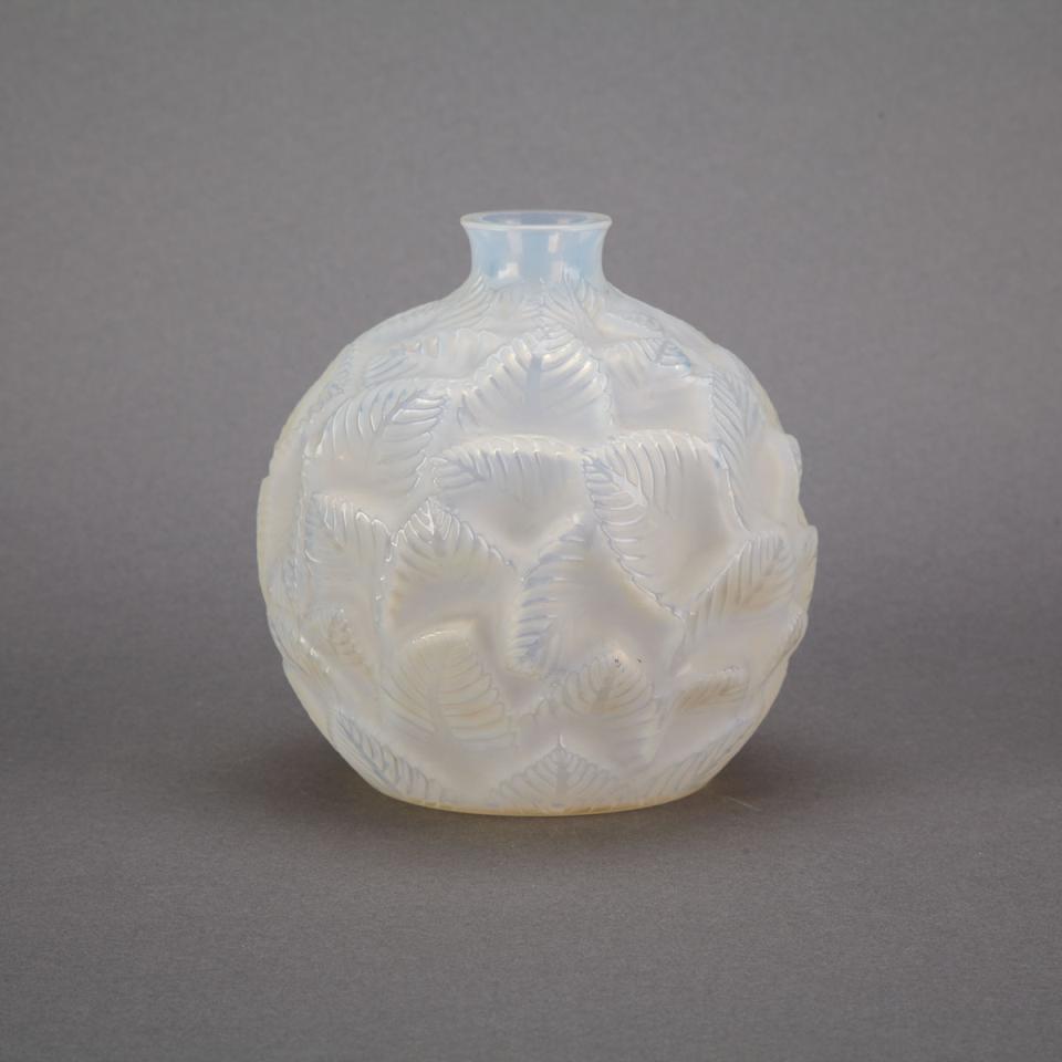 ‘Ormeaux’, Lalique Moulded and Frosted Opalescent Glass Vase, c.1930