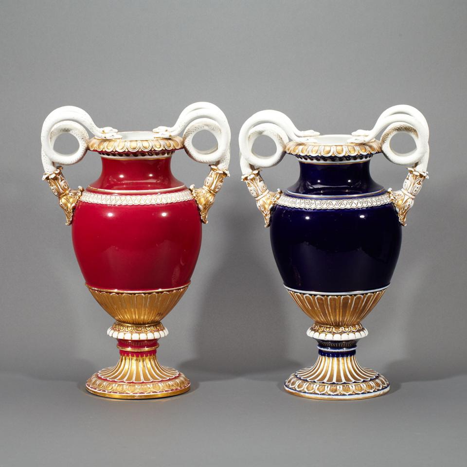 Two Meissen Red or Blue Ground Two-Handled Vases, late 19th century
