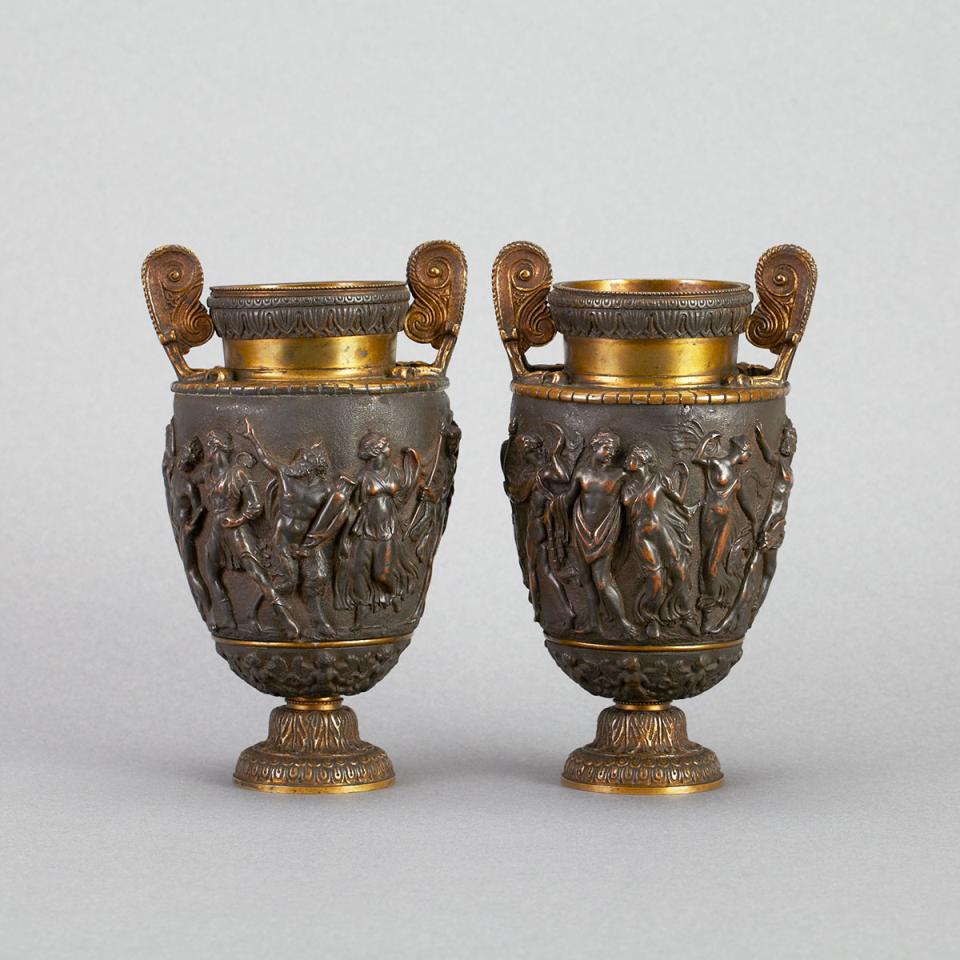 Pair of French Silvered, Gilt and Patinated Bronze Neoclassical Urns, mid 19th century